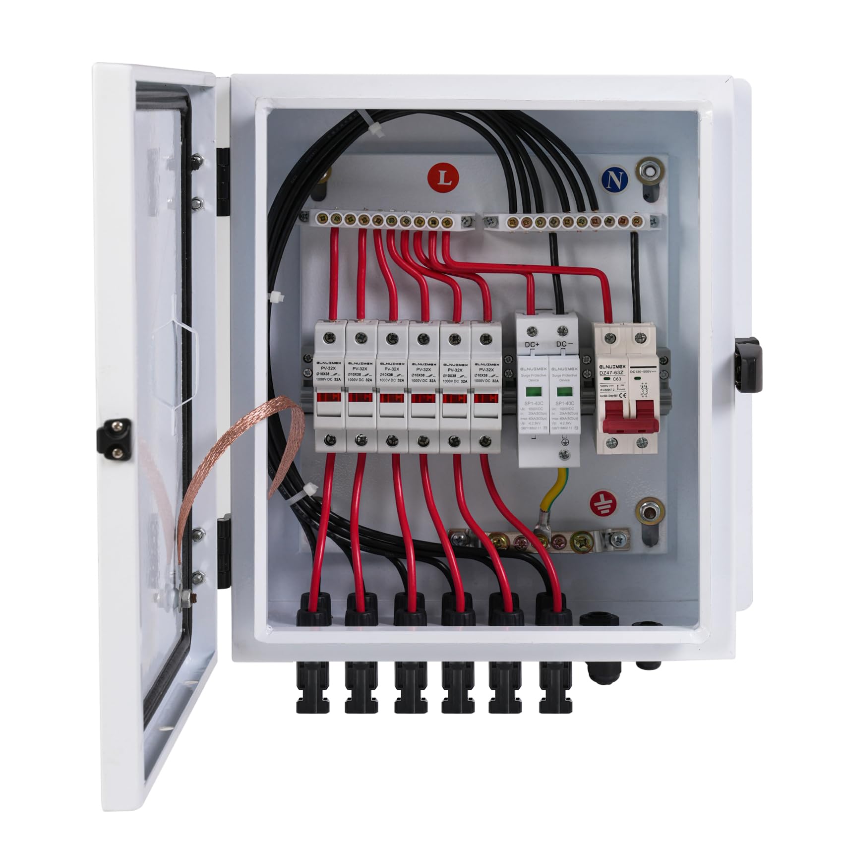 ELNUIMEX 6-string solar combiner box front view for outdoor PV setups.
