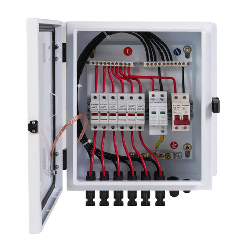 ELNUIMEX 6-string solar combiner box front view for outdoor PV setups.