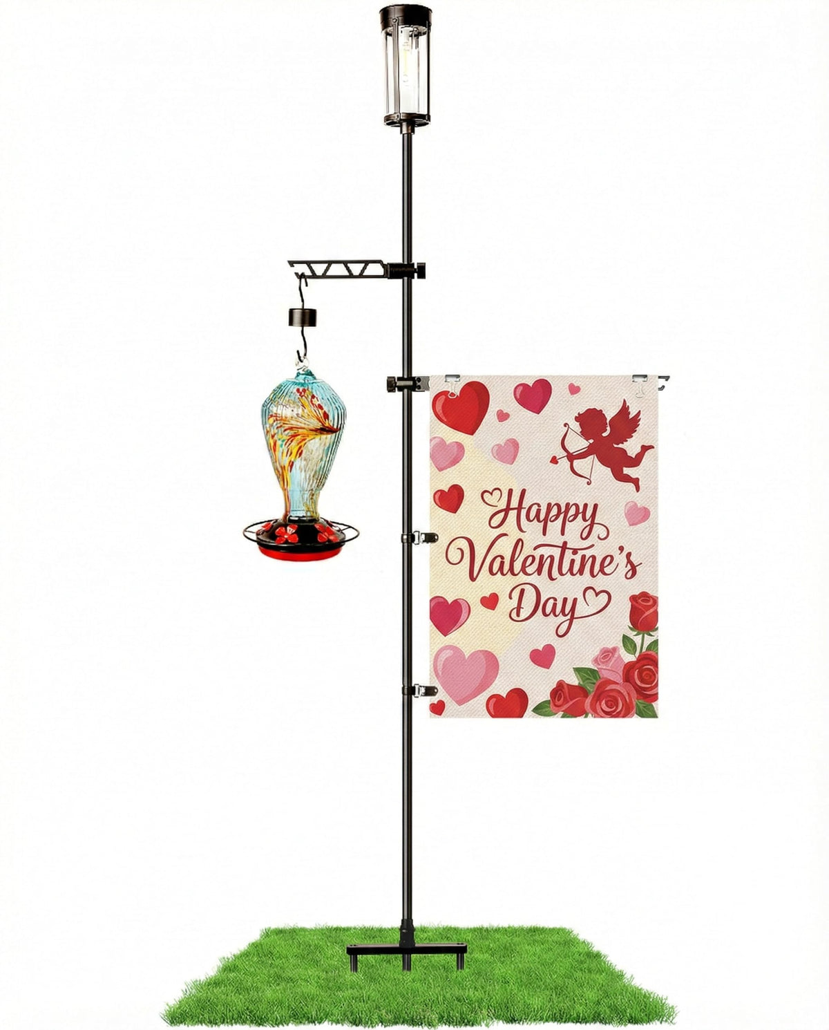 ELOVIA flag stand with solar top light for illuminated yard displays.