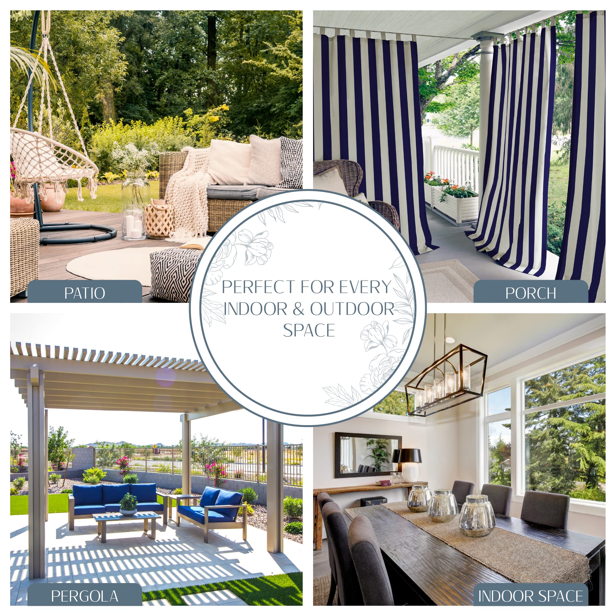 Elrene Highland Stripe outdoor curtain on patio provides shade and airflow.