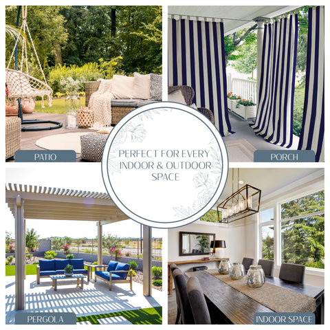Elrene Highland Stripe outdoor curtain on patio provides shade and airflow.