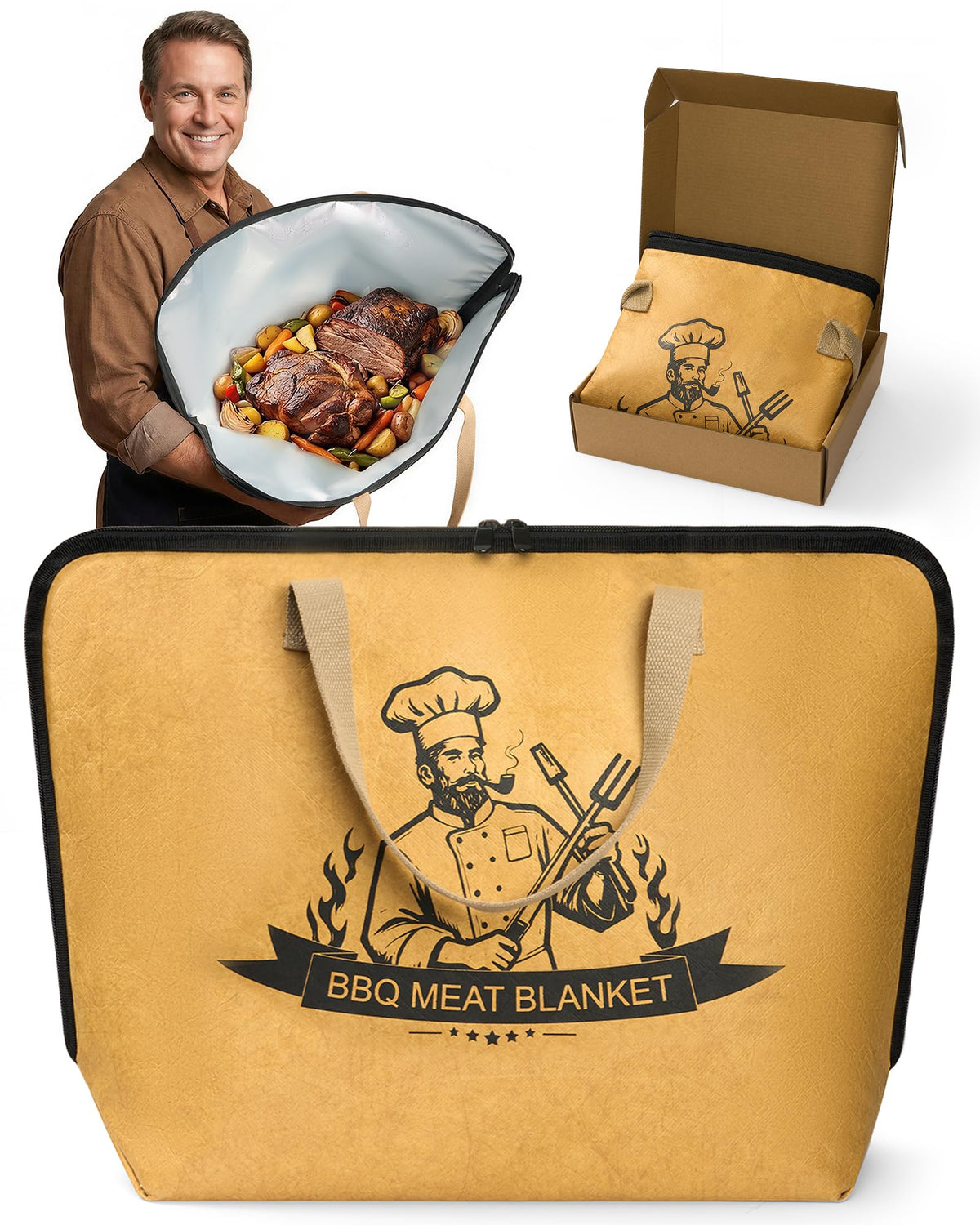 Elviros Travel BBQ Blanket with wide mouth opening for easy brisket loading and unloading.