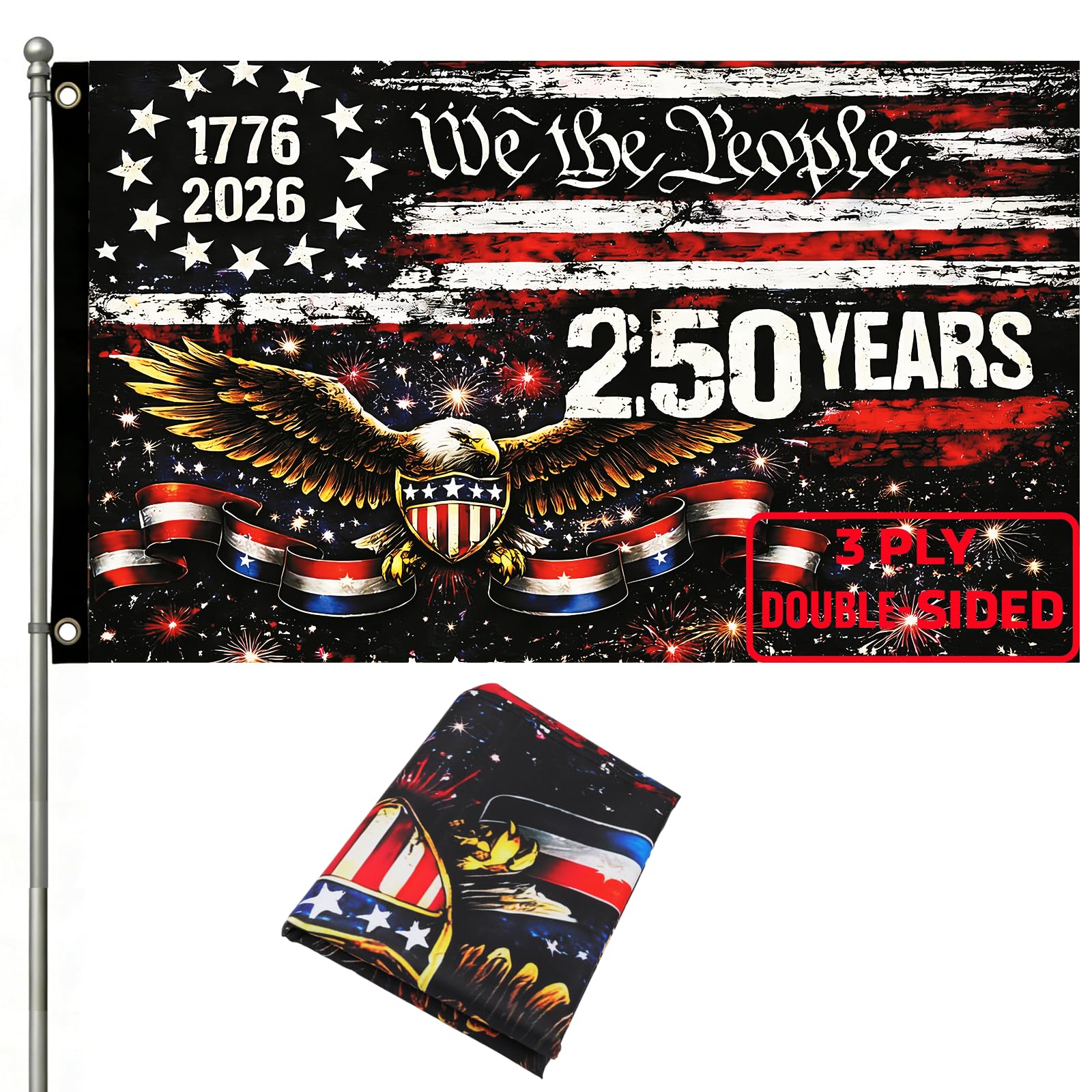 emciba 250-year american flag front view, double-sided design for visible patriotism on both sides during celebrations.