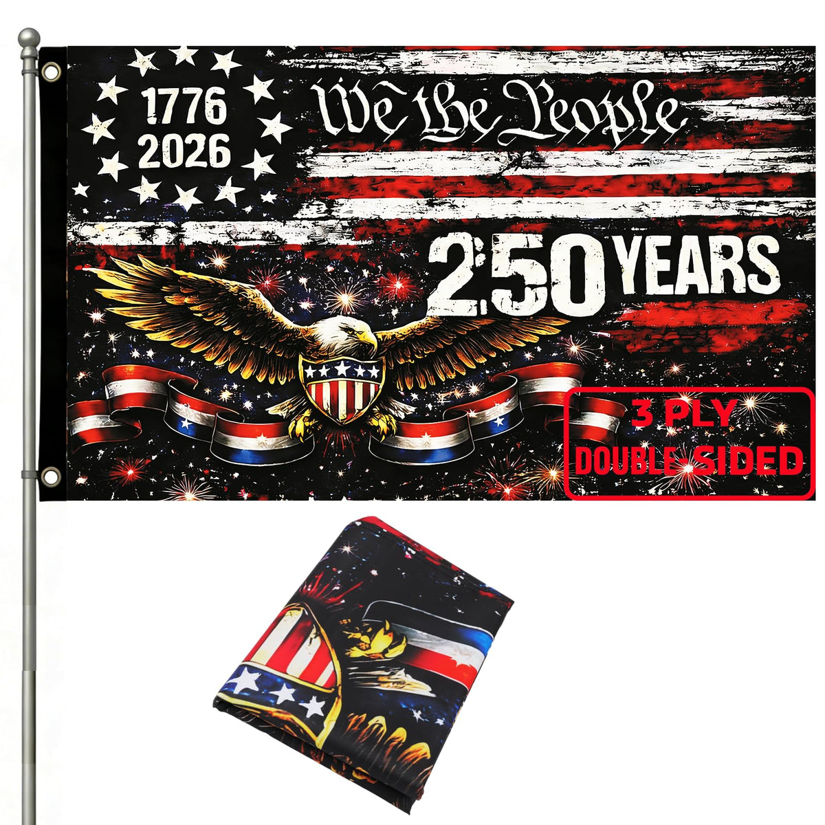 emciba 250-year american flag front view, double-sided design for visible patriotism on both sides during celebrations.