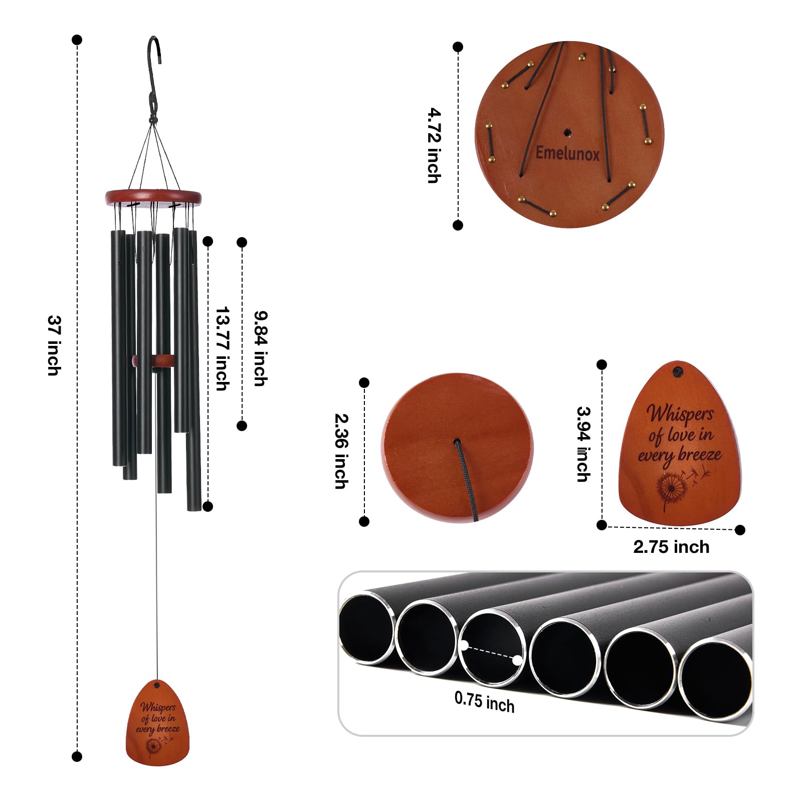 Emelunox 37-inch black wind chimes enhance garden ambiance