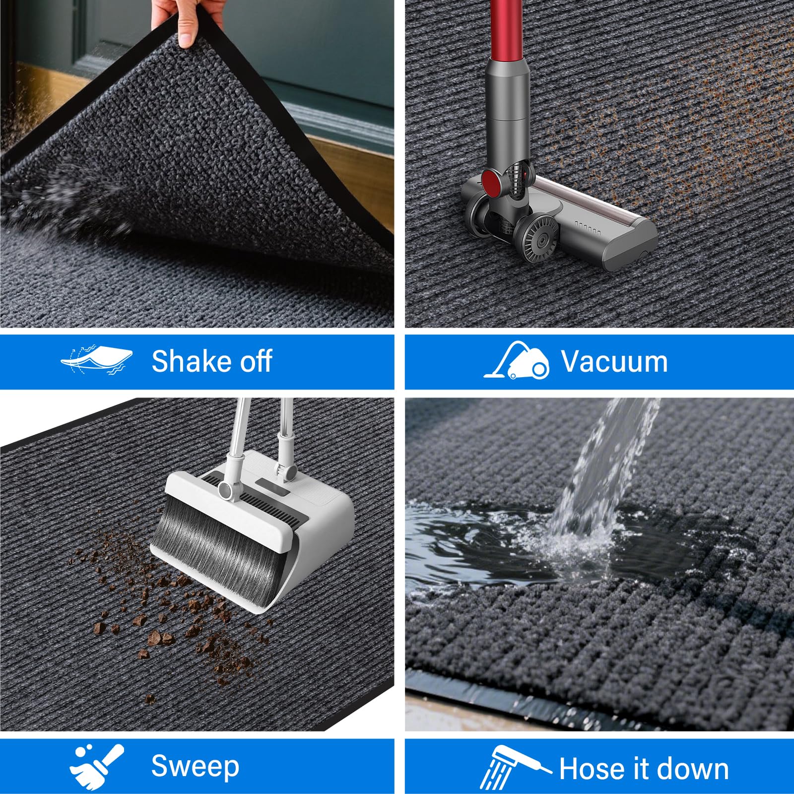 EMQIMA stain-resistant PVC mat withstands rain, mud, and sun.