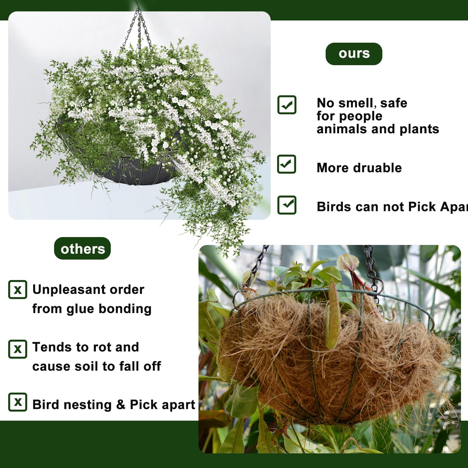 Emsiok liners in use with ivy and orchids for moisture retention.