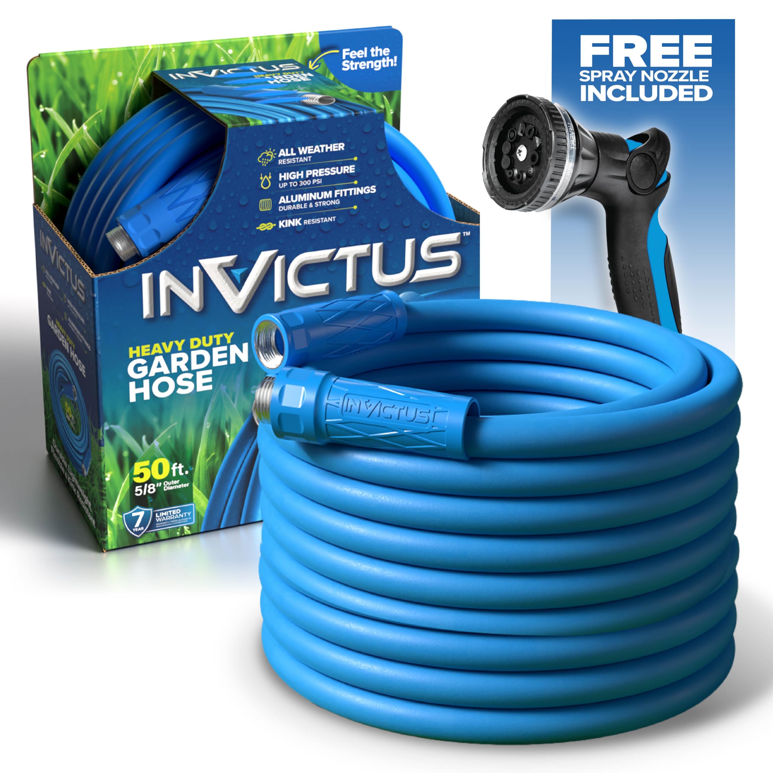EMSON Invictus garden hose 50ft coil with durable blue exterior.