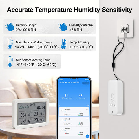 eMylo LED display shows temperature and humidity at a glance for quick checks.