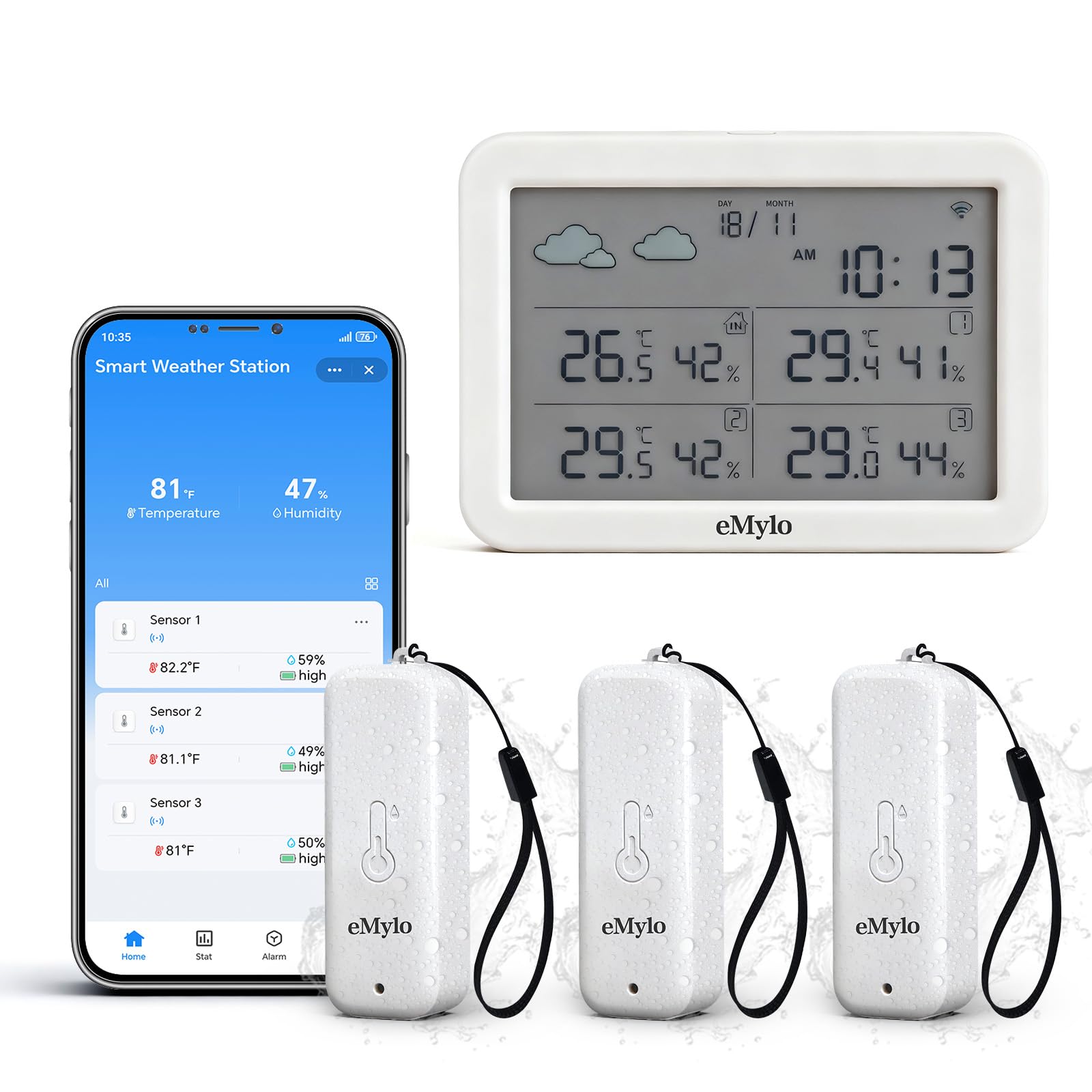 eMylo WiFi gateway displaying live indoor temperature and humidity for home comfort monitoring.
