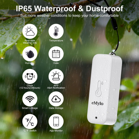 eMylo outdoor IP65 sensor captures weatherproof readings for patio or greenhouse monitoring.