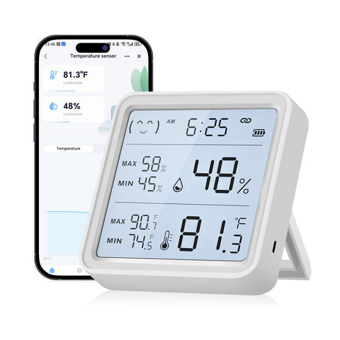 emylo WiFi thermometer hygrometer display shows room temperature and humidity at a glance.
