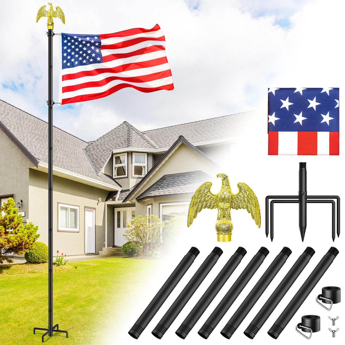 Enayplon 10 ft flag pole with eagle head for bold outdoor display.