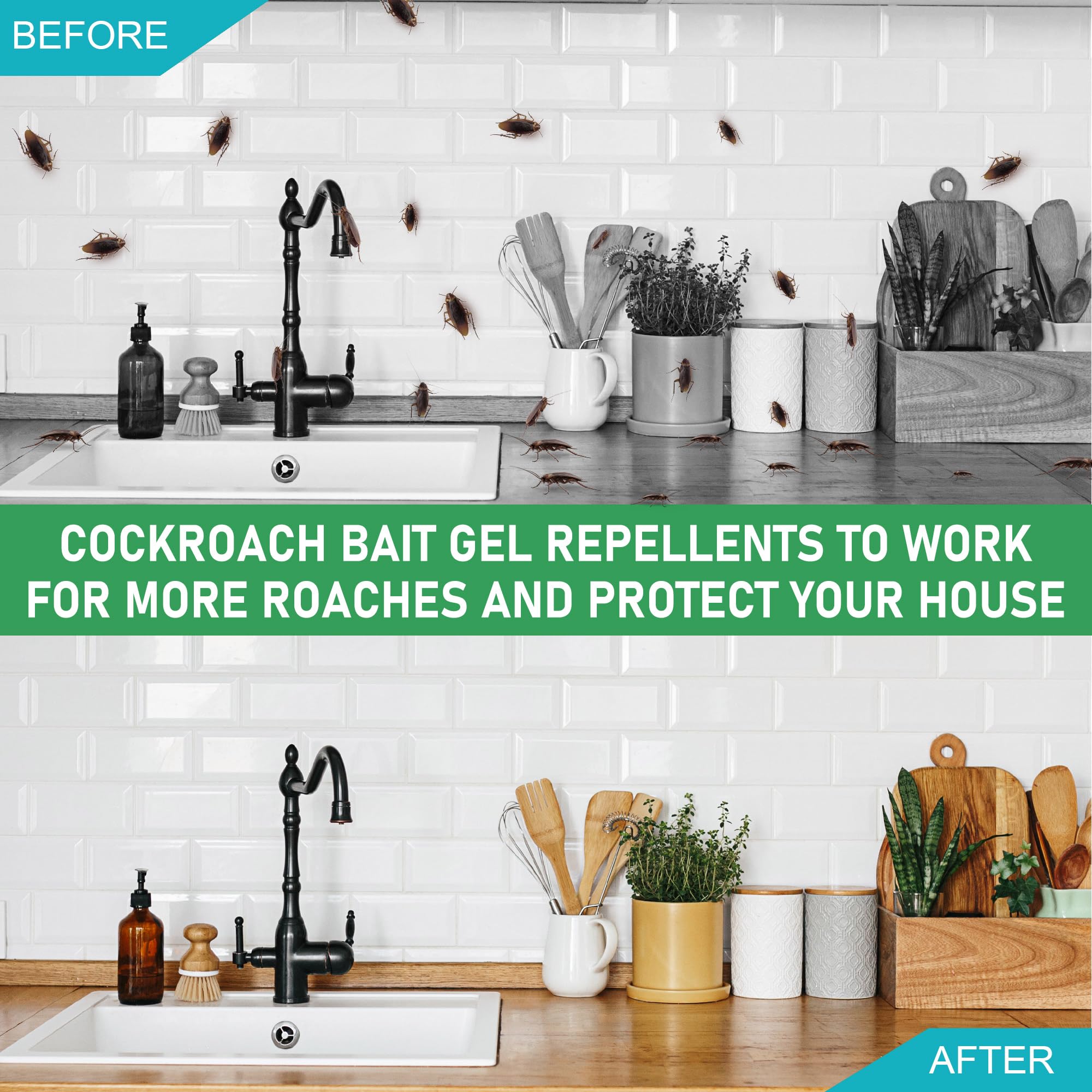 Enbabbor roach gel bait application areas highlighting kitchens and bathrooms