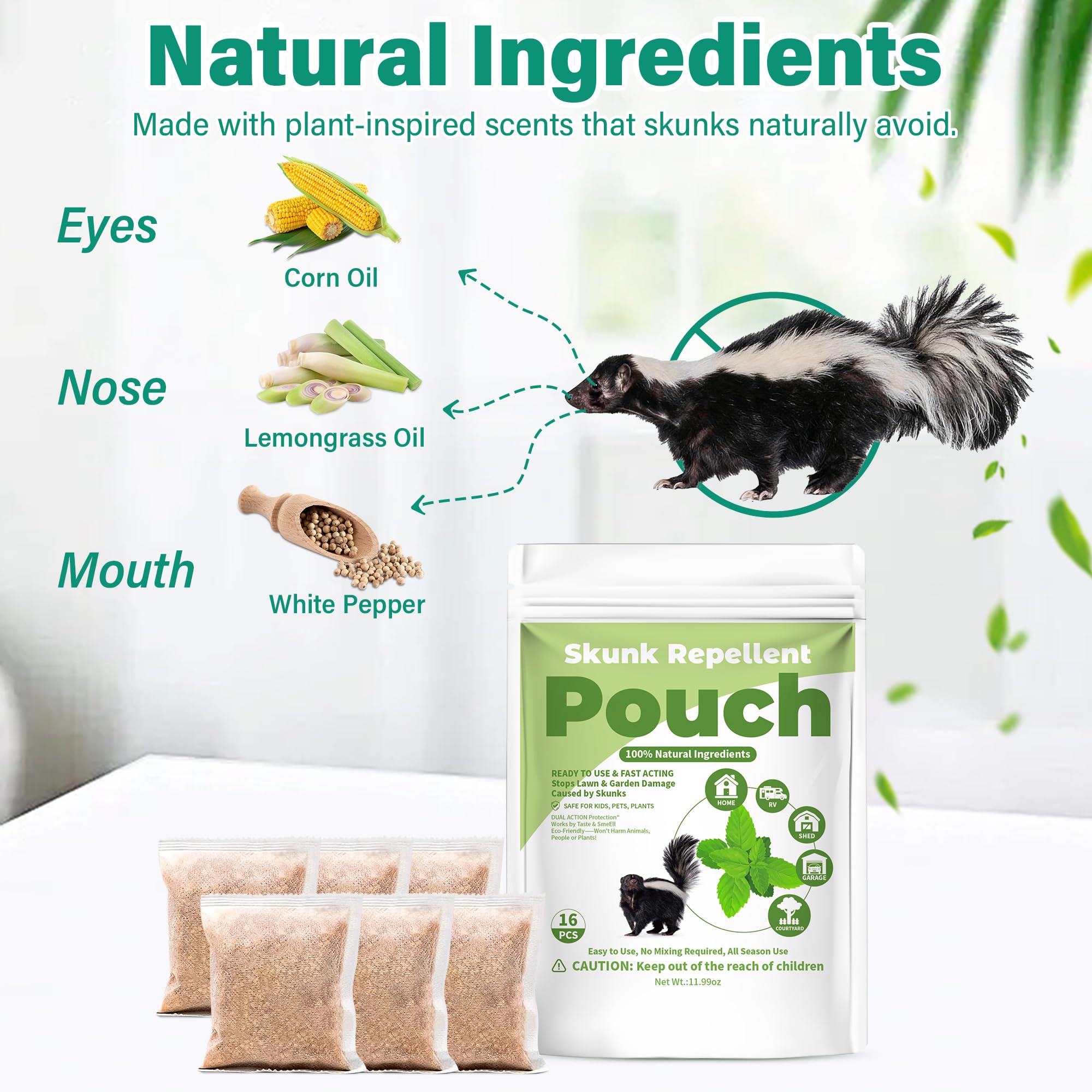 Pouches laid in yard deter skunks, protecting lawn and garden.
