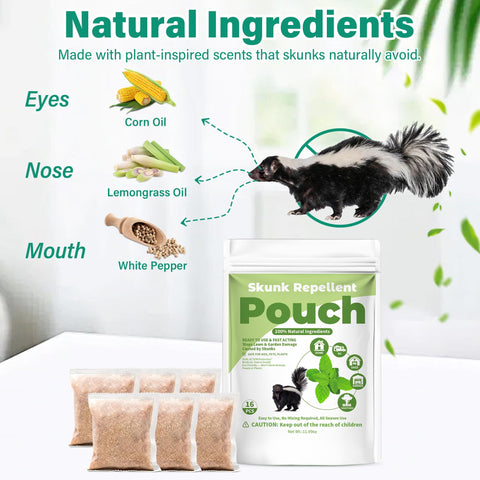 Pouches laid in yard deter skunks, protecting lawn and garden.