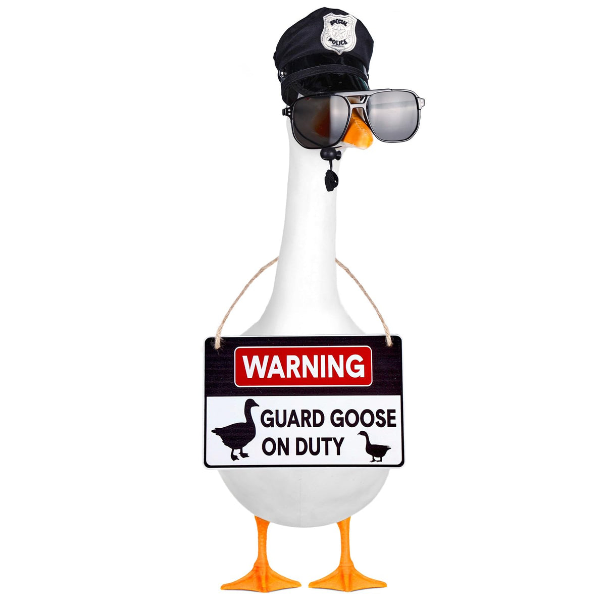 ENBOFID police goose outfit cap on a 23-inch goose for curb appeal