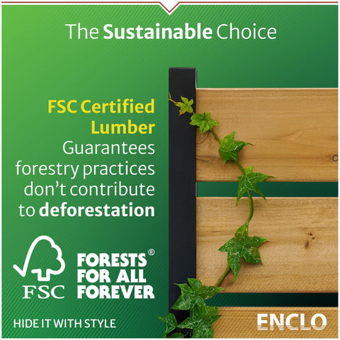 Enclo AC unit and trash cans are neatly concealed by cedar panels.