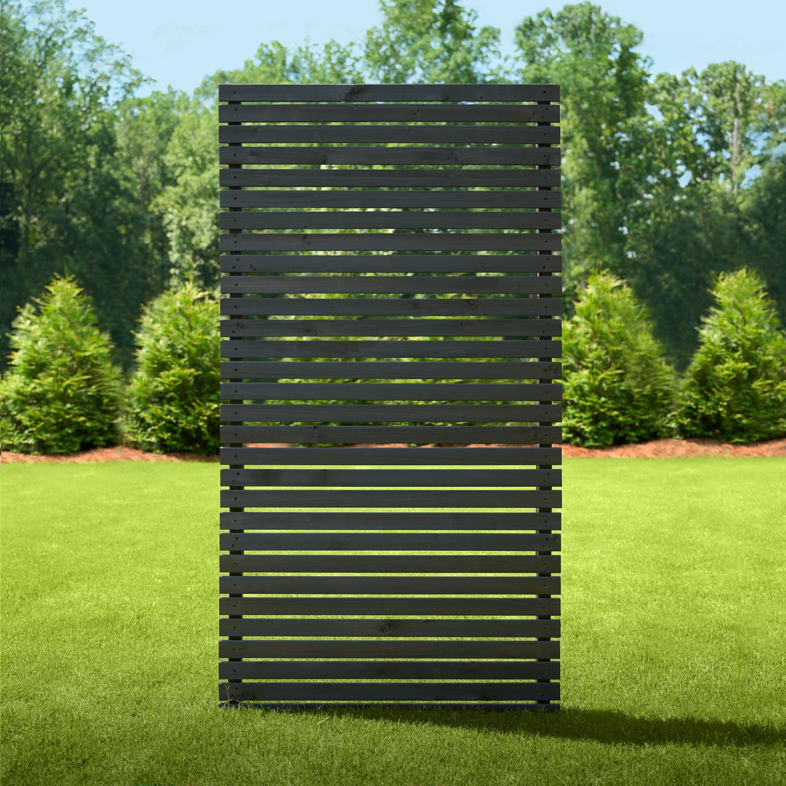 Enclo Aspen charcoal wood privacy screen assembly view showing sleek slats