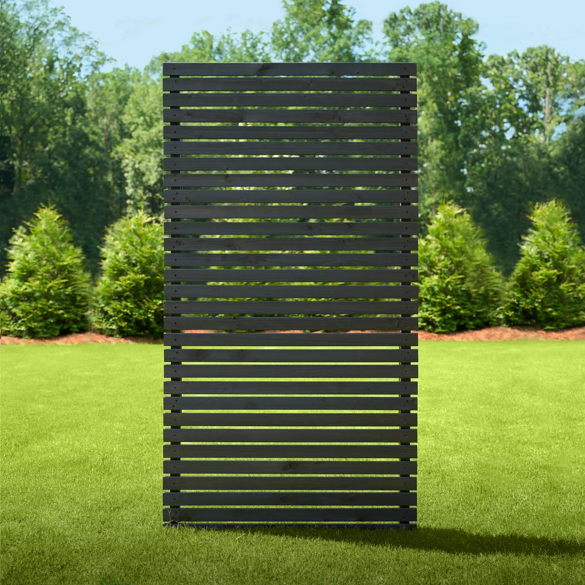 Enclo Aspen charcoal wood privacy screen assembly view showing sleek slats