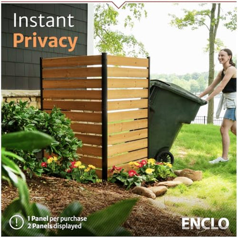 Enclo Concord cedar wood privacy screen on ground stakes demonstrates easy no-dig installation.