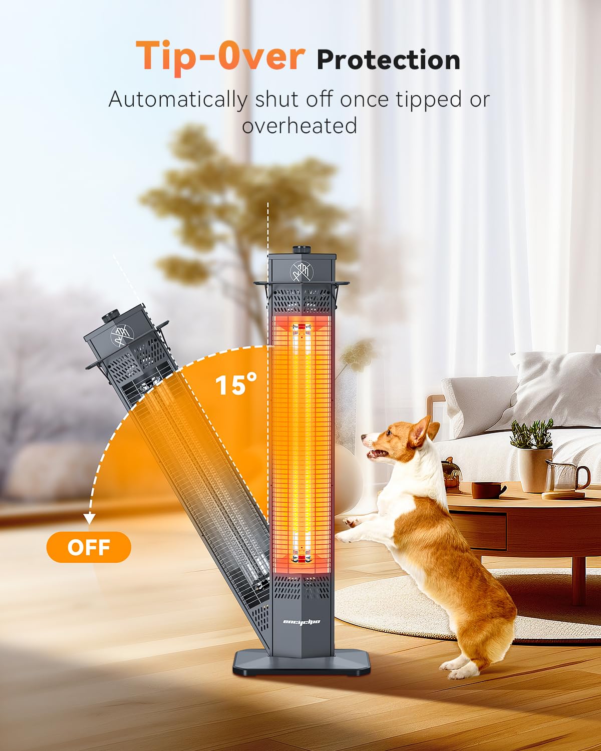Encyclpo heater ideal for garage, living room, or patio setups.