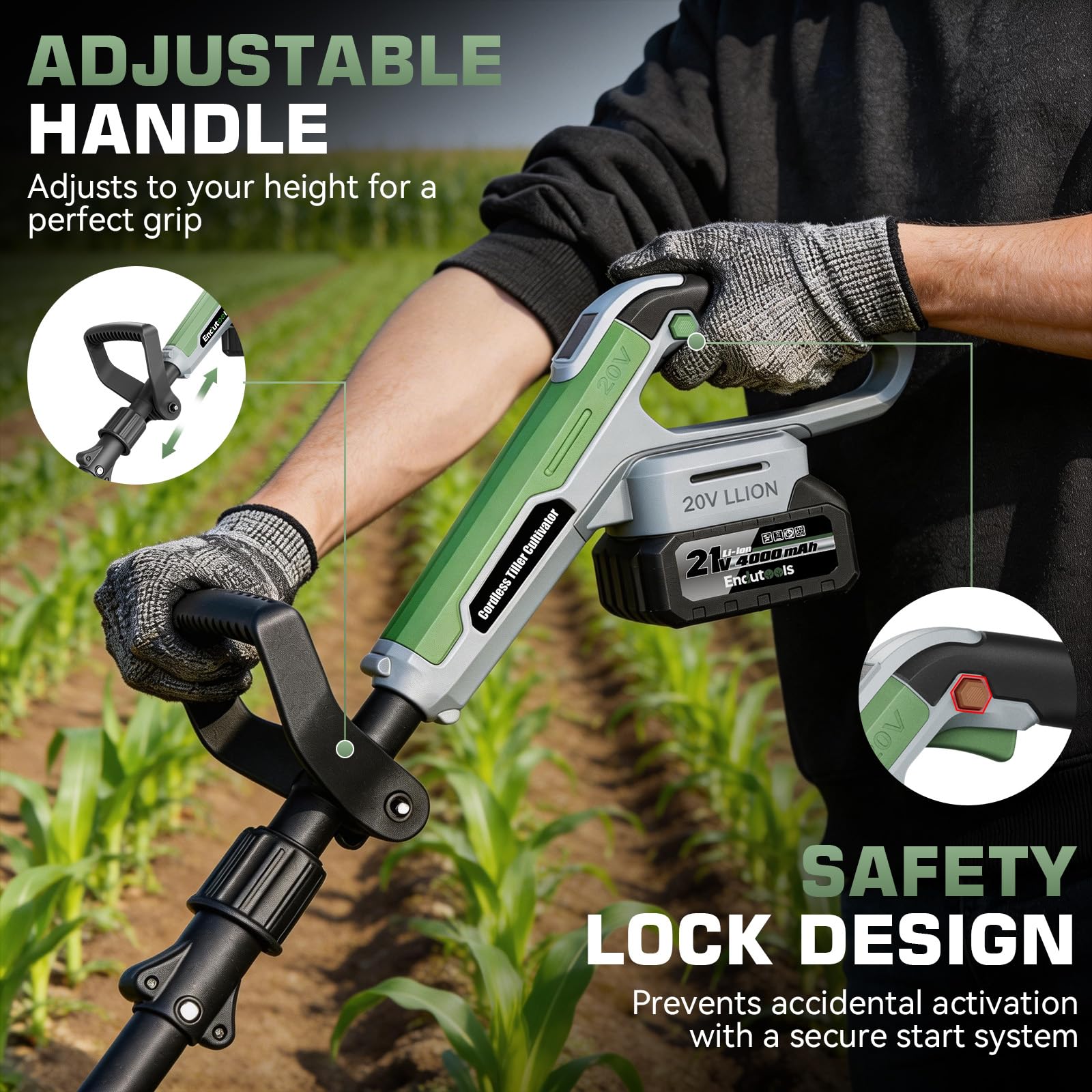 EnduTools tiller reaches seven-inch depth for deeper soil loosening.