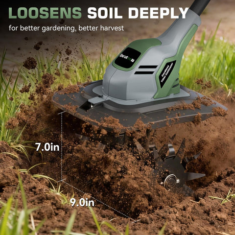 EnduTools tiller with adjustable handle for comfortable operation at different heights.