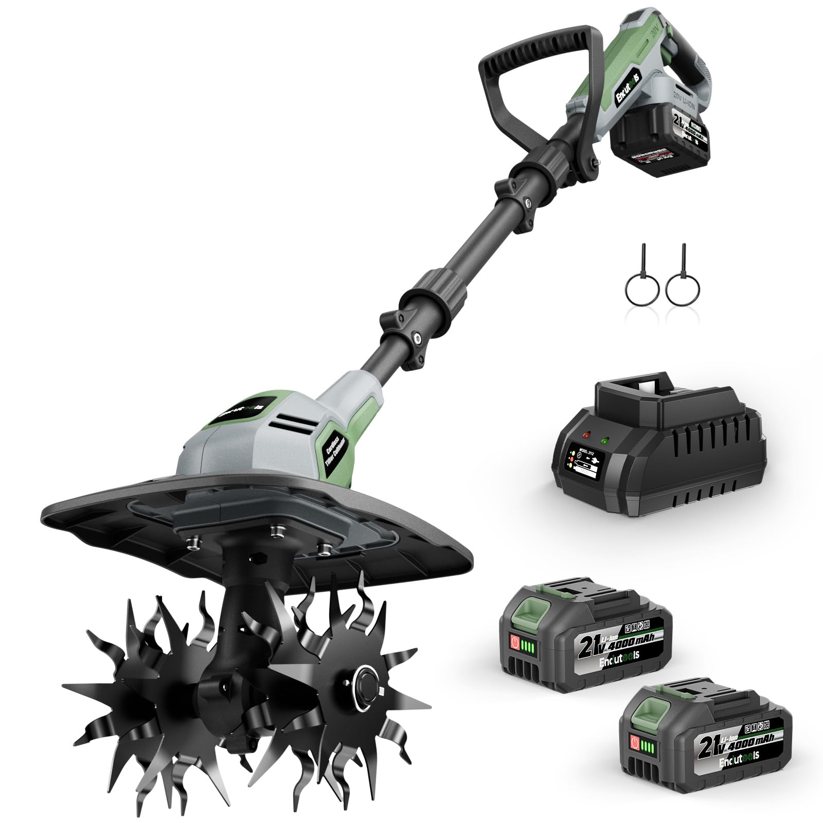 EnduTools cordless tiller with battery indicator shows remaining power for planning tasks.