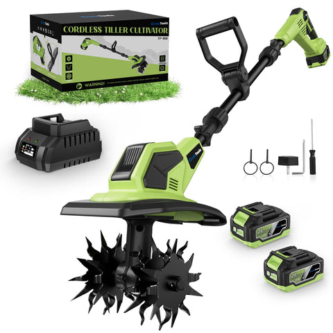 EnduTools cordless tiller with battery pack enables longer outdoor sessions.