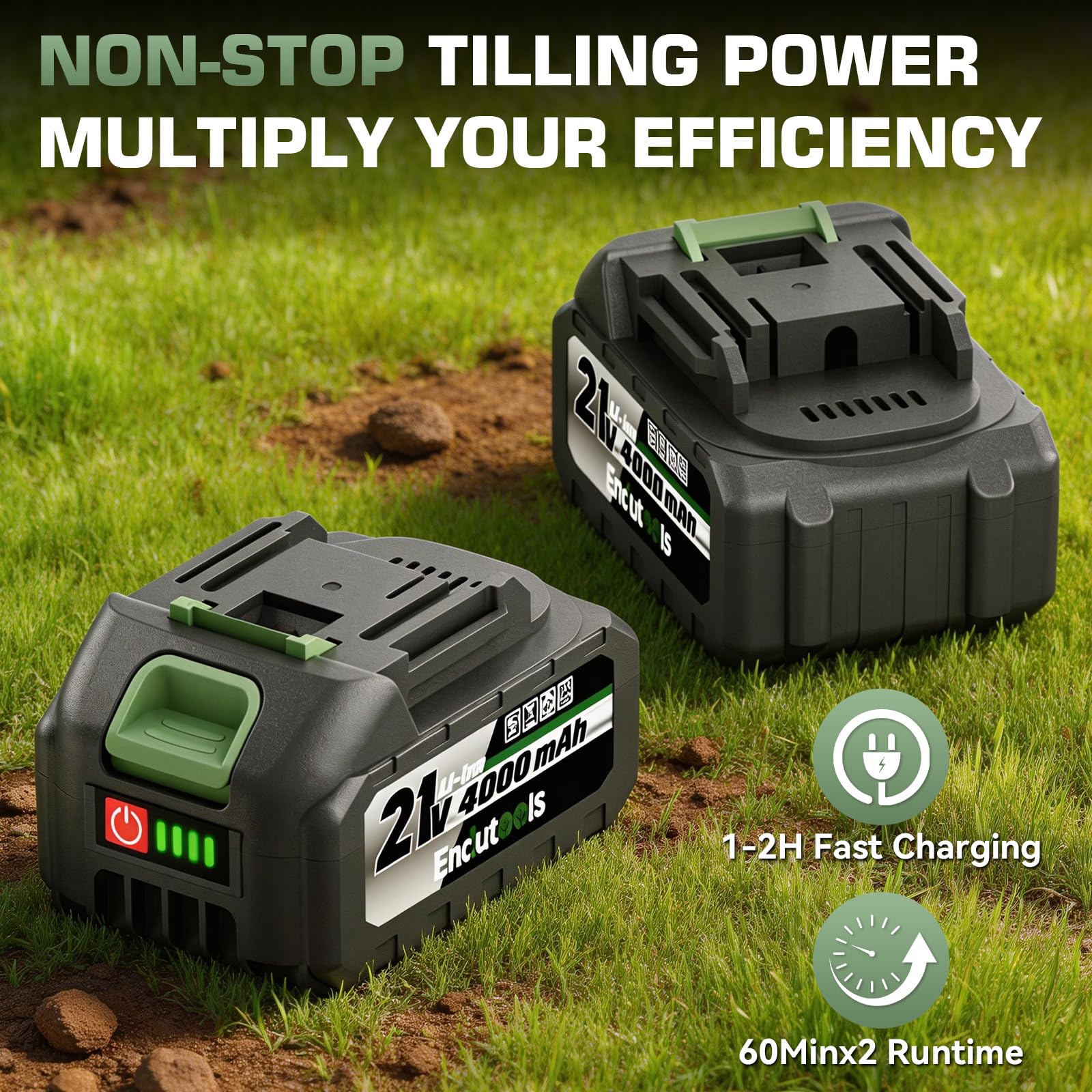 EnduTools dual 4.0Ah batteries deliver up to 60 minutes runtime.