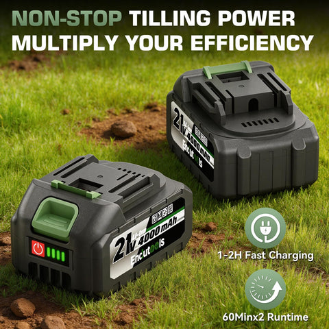 EnduTools dual 4.0Ah batteries deliver up to 60 minutes runtime.
