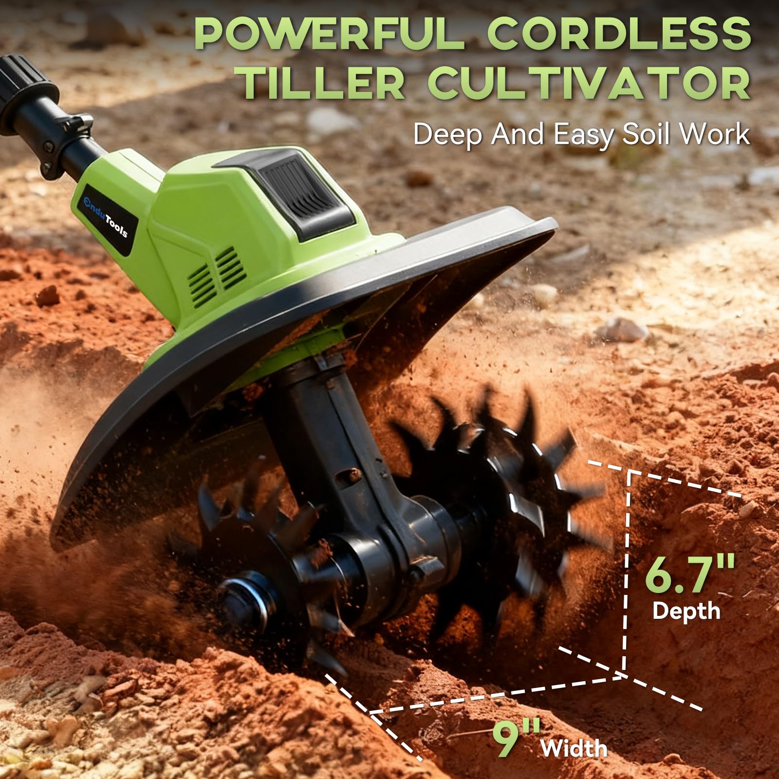 EnduTools tiller shown in garden soil for efficient soil prep.