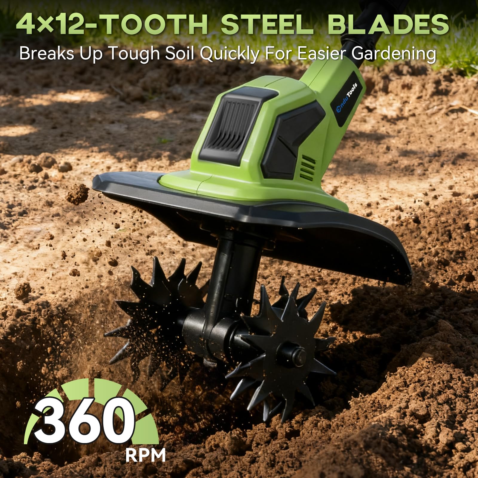 EnduTools tiller width and depth in action for precise bed cultivation.