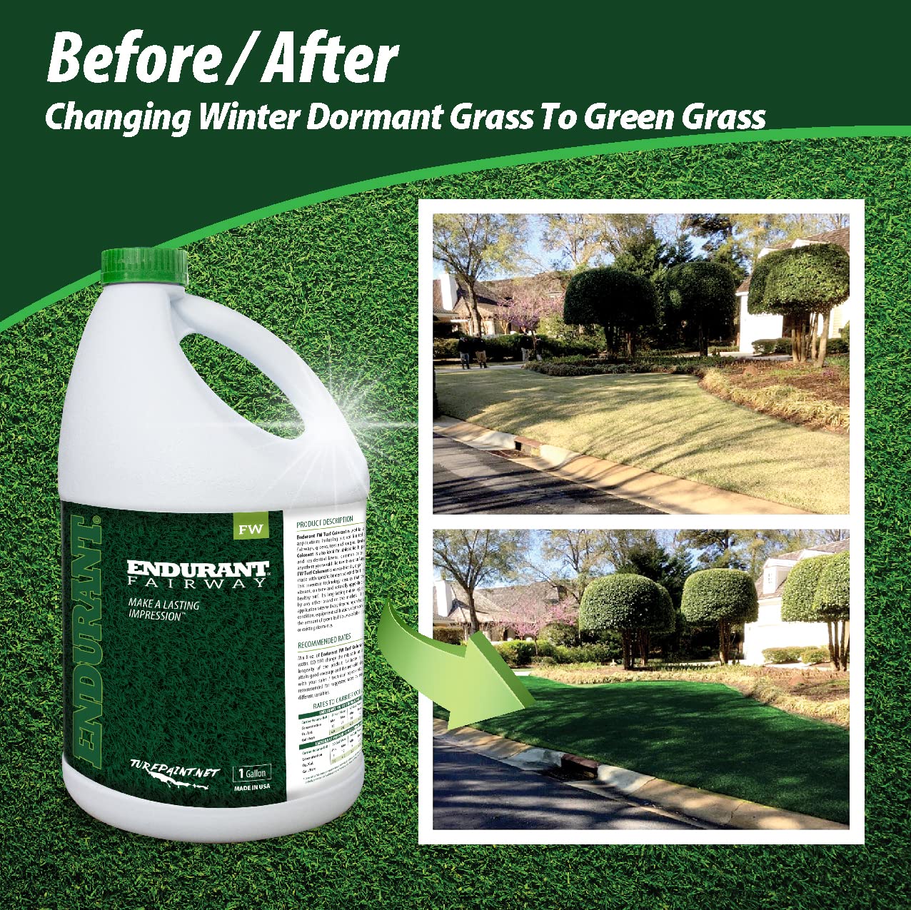 Endurant Green Lawn Dye concentrated formula shows vibrant color on grass.
