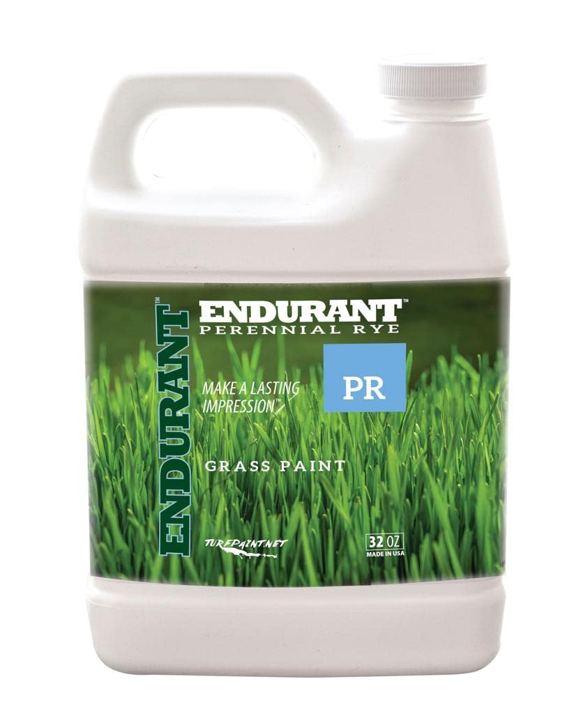 Endurant turf colorants spray bottle applying perennial rye dye to revive a lush green lawn.