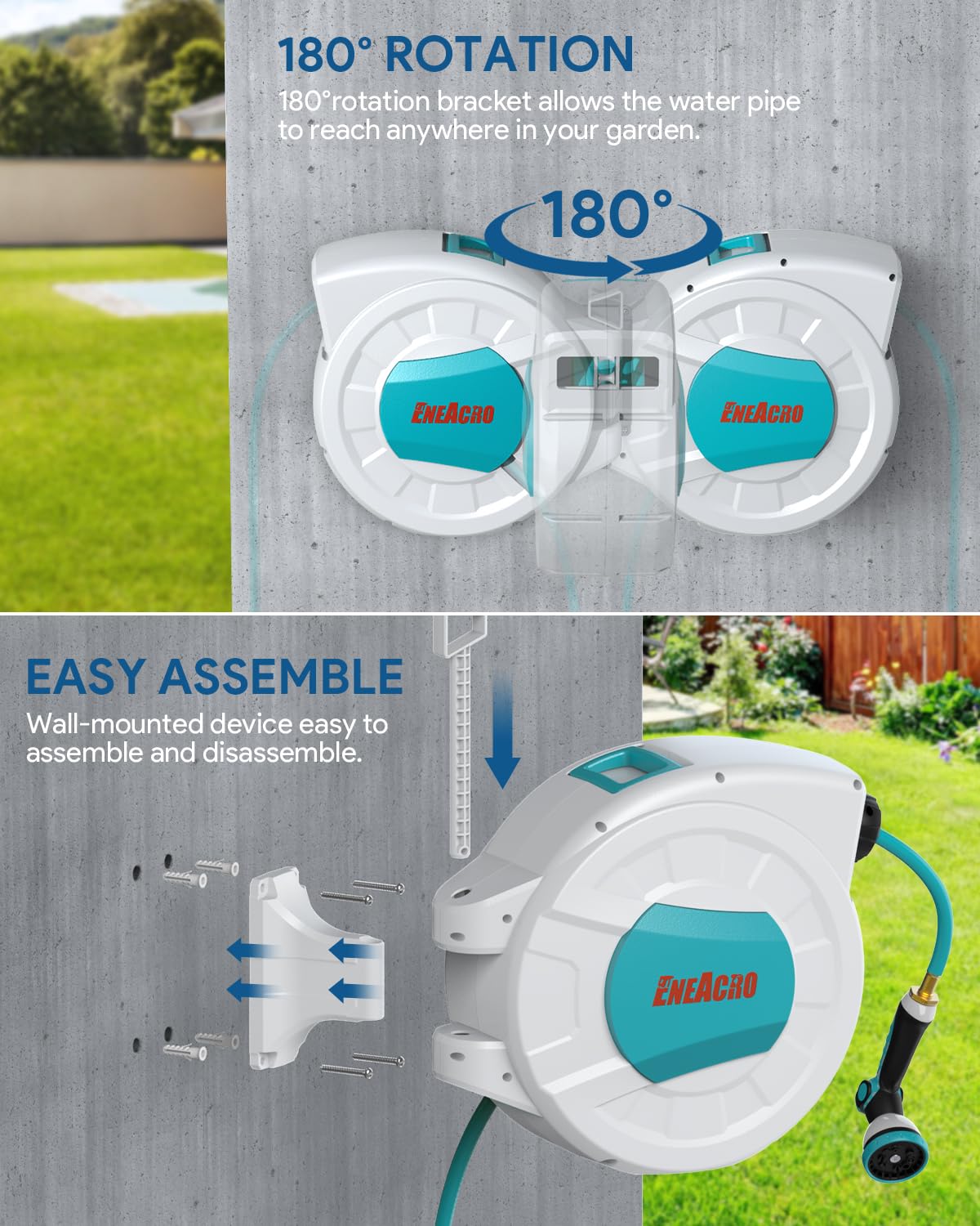 ENEACRO anti-kink hybrid hose reduces tangles during rewinds.
