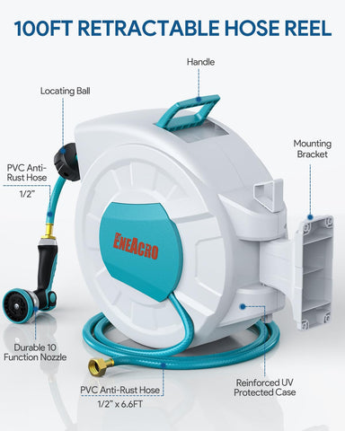 ENEACRO 100ft hose reel provides long reach for hard-to-reach areas.