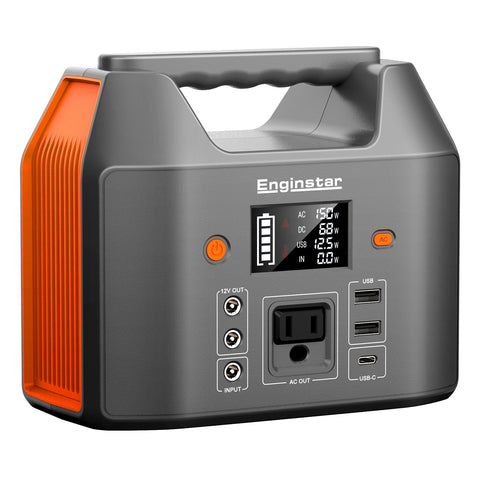 EnginStar portable power station 150W front view powering a laptop outdoors.