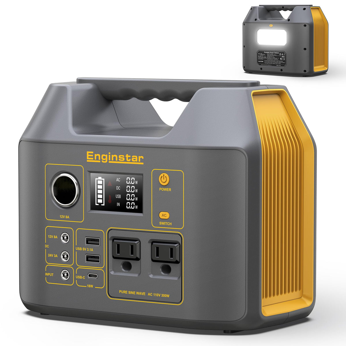 EnginStar portable power station with LCD display shows charge level for on-the-go planning.