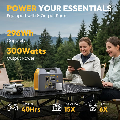 EnginStar solar generator featuring 110V AC outputs for powering lamps and devices.
