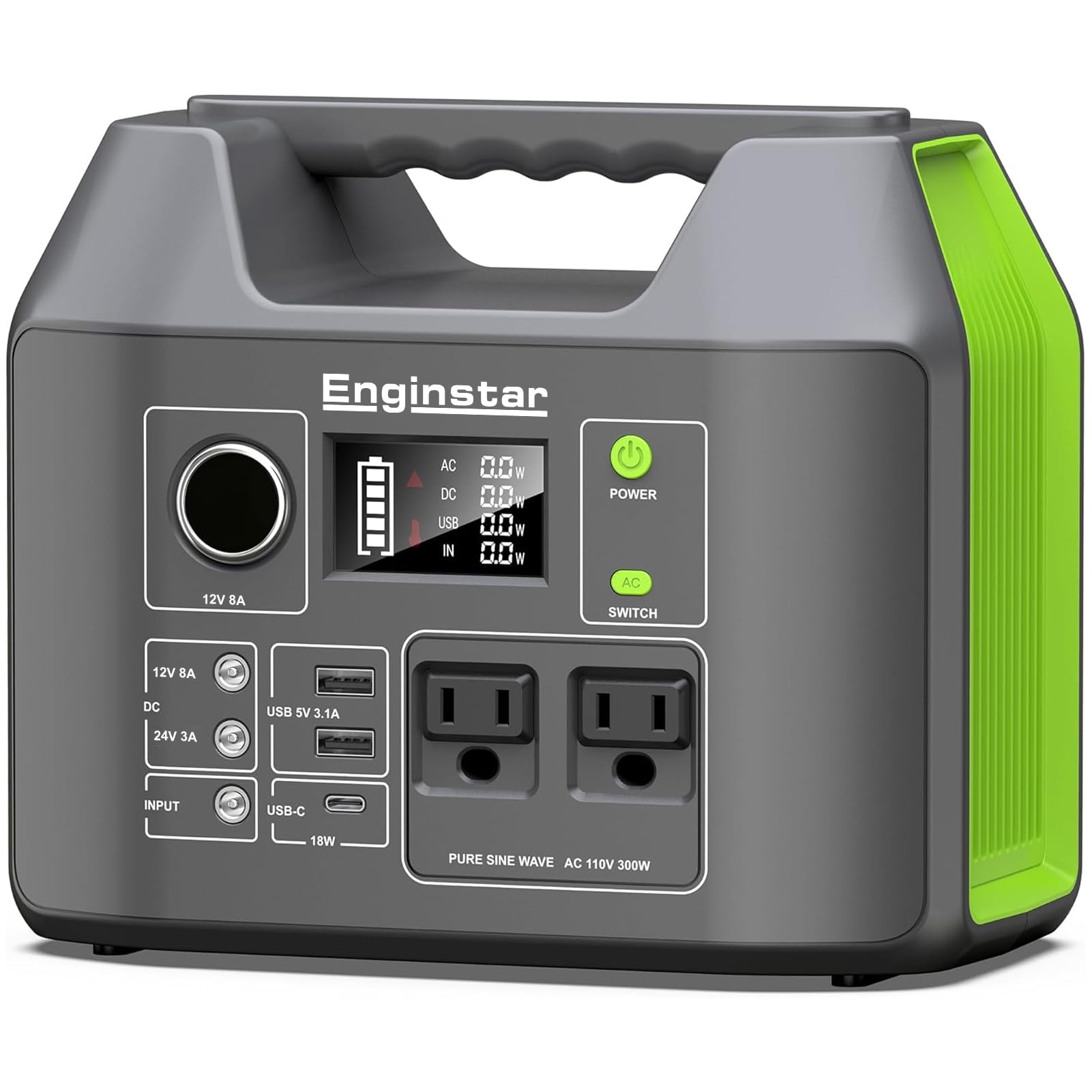 EnginStar solar generator front view showing compact design for on-the-go power