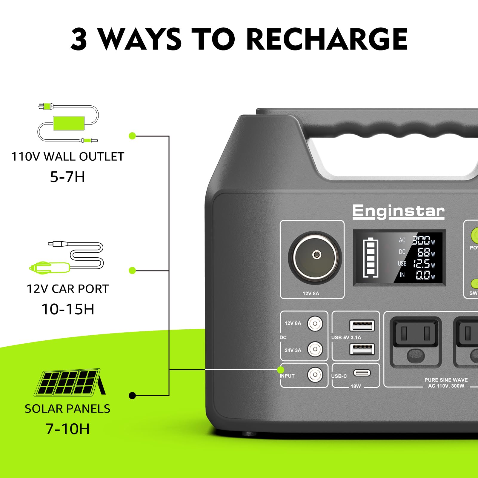 EnginStar recharge options with AC, solar, and car charging for flexibility
