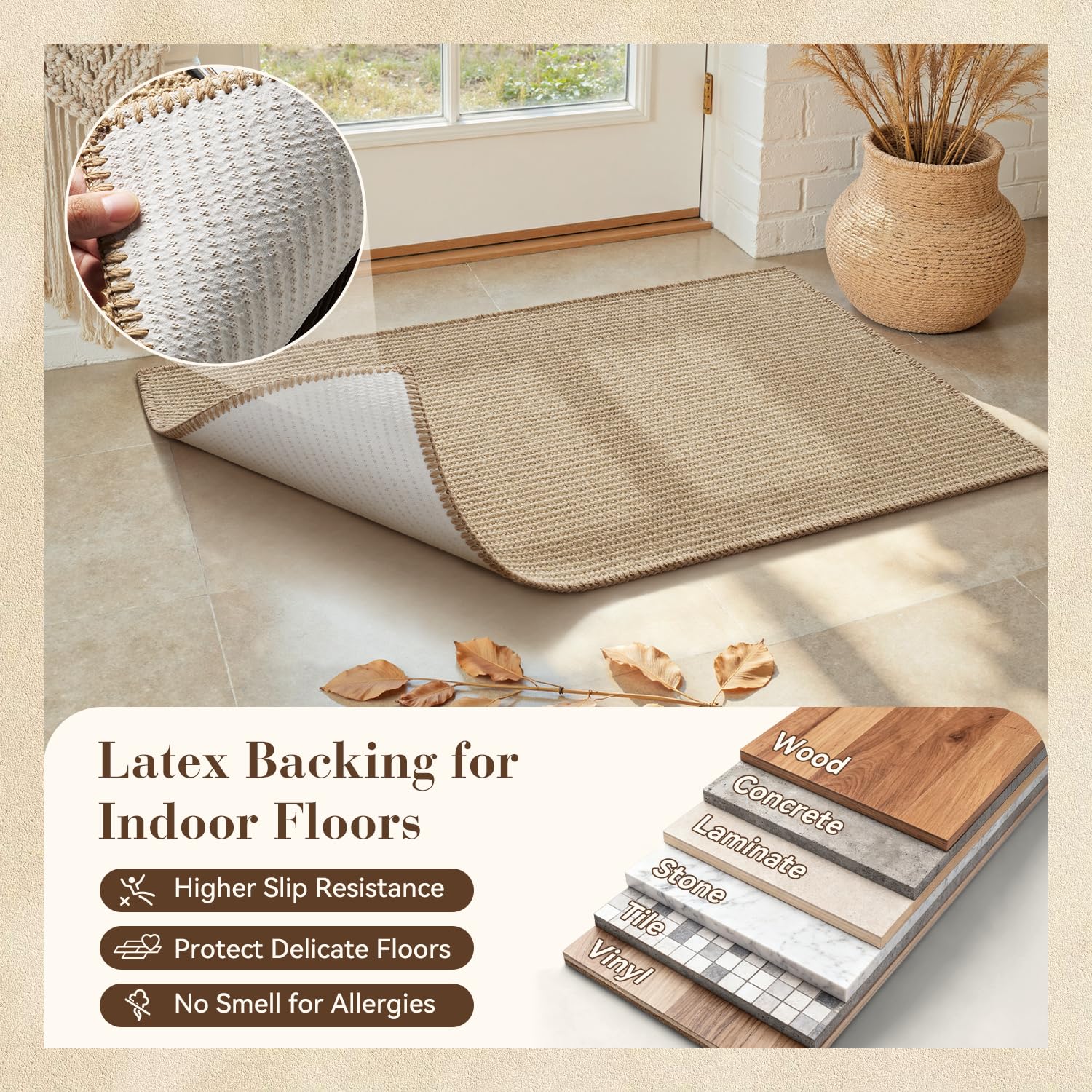 Engiw jute mat detail showing non-slip latex backing for secure placement.