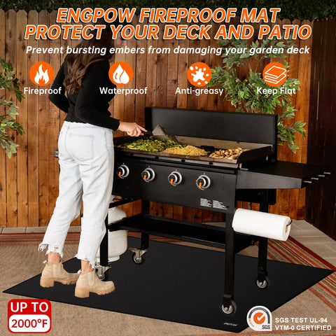 ENGPOW fireproof mat demonstrates 2000°F resilience under flames for safer outdoor pits.