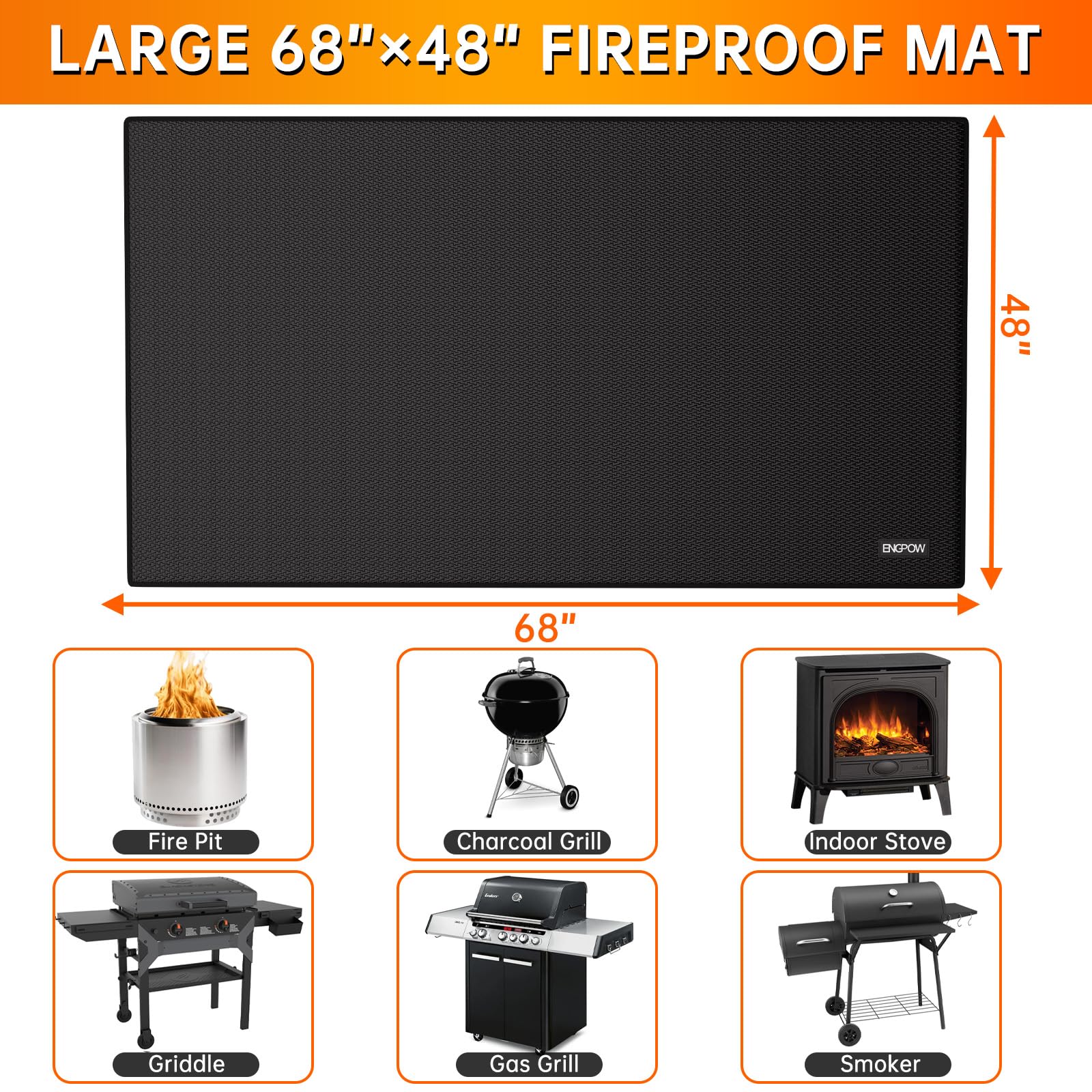 ENGPOW safe, multi-use mat for decks, lawns, and fireplaces.