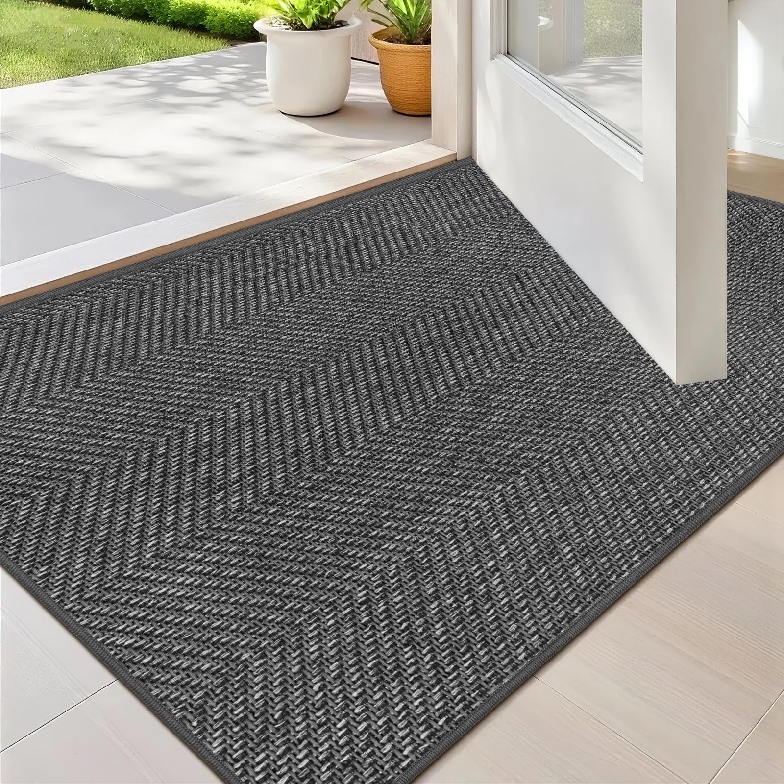 ENHASIV Ultra Thin Door Mat 17x29 in dark grey, low-profile entry for under doors.