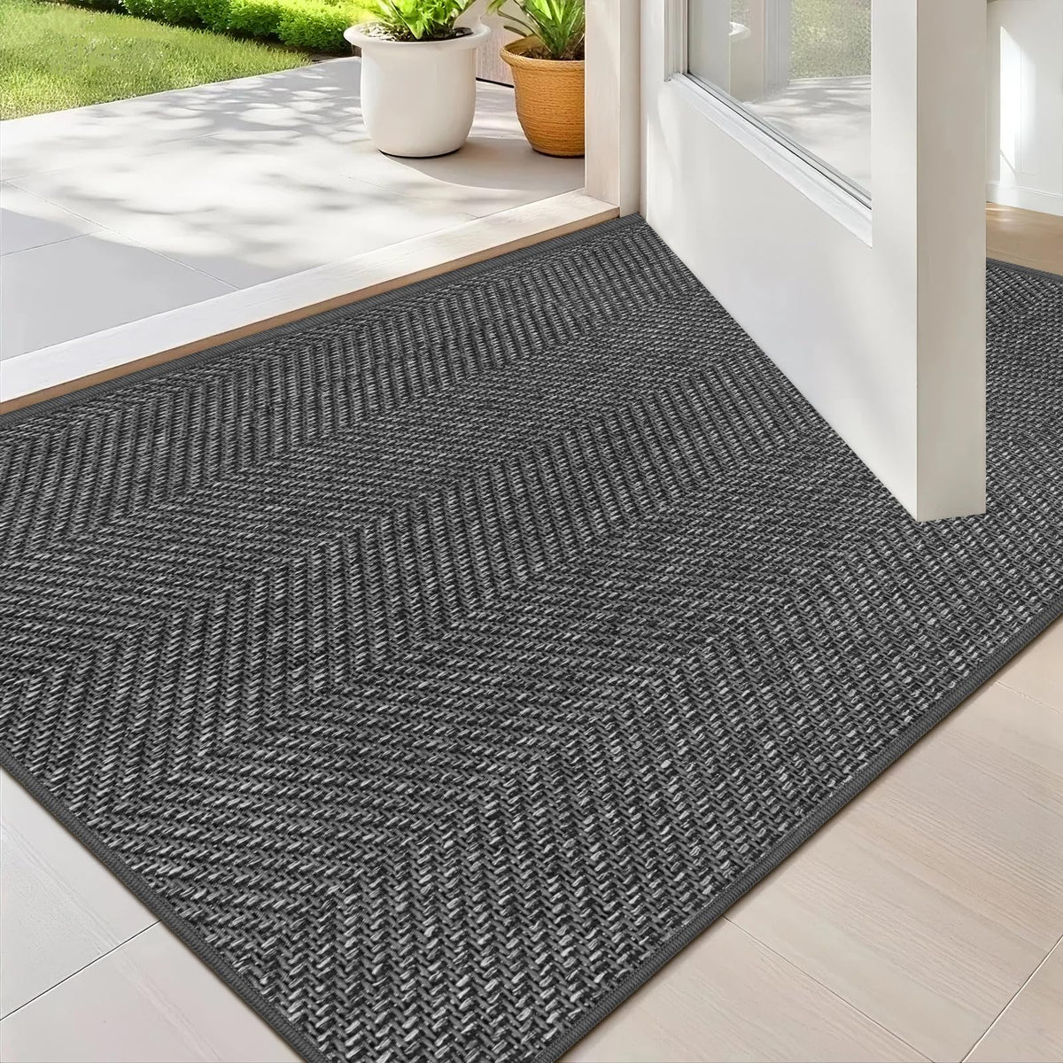 ENHASIV Ultra Thin Door Mat 17x29 in dark grey, low-profile entry for under doors.
