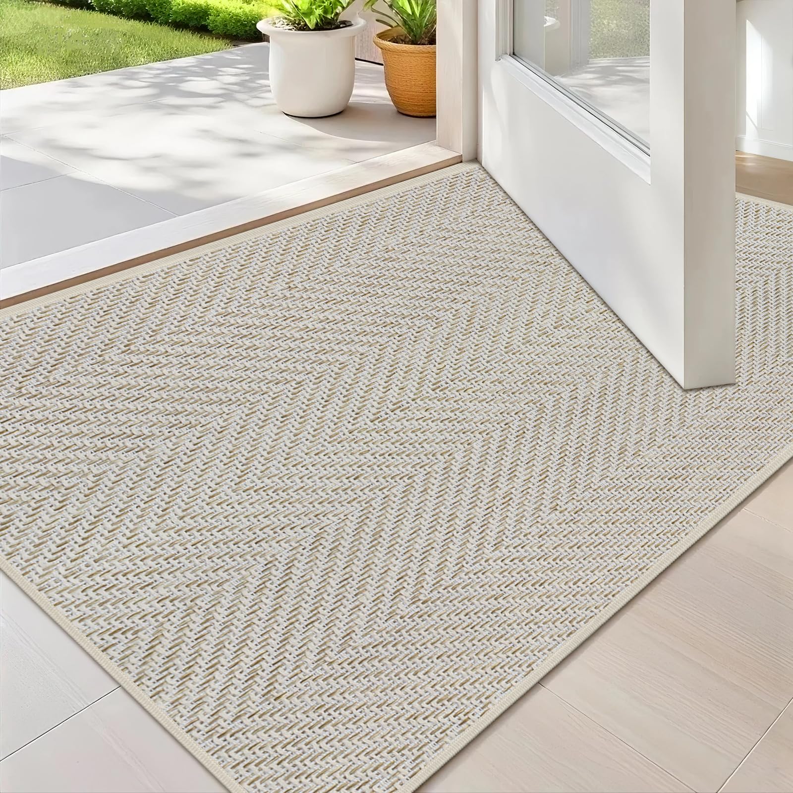 ENHASIV ultra-thin door mat khaki, front view, ideal under doors.