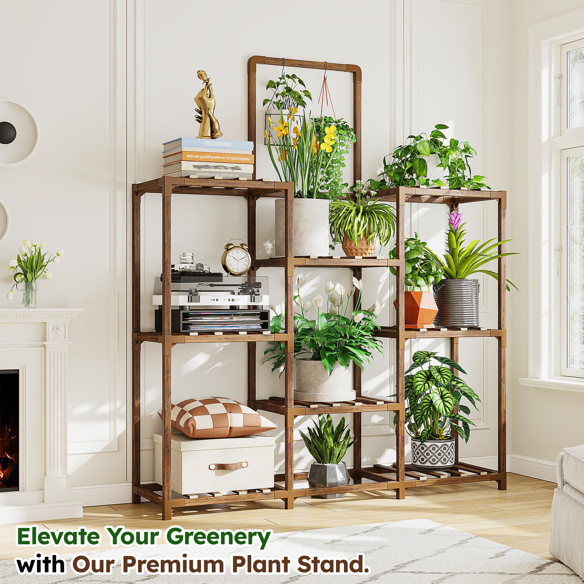EnHomee 8-Tier Plant Stand with built-in hooks for trailing vines.